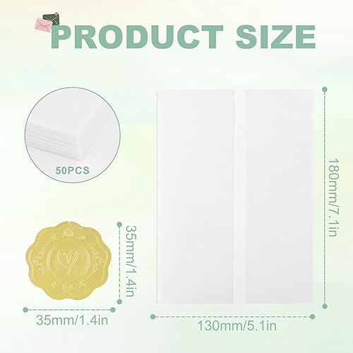 50 Invitations en Papier Vélin et 60 Autocollants pour Sceau d'Enveloppe, Papier Vélin Translucide Pré-Plié 13 x 18 cm Enveloppe Vellum pour Invitation d'Anniversaire de Mariage Baby Shower - Nail Gallerys
