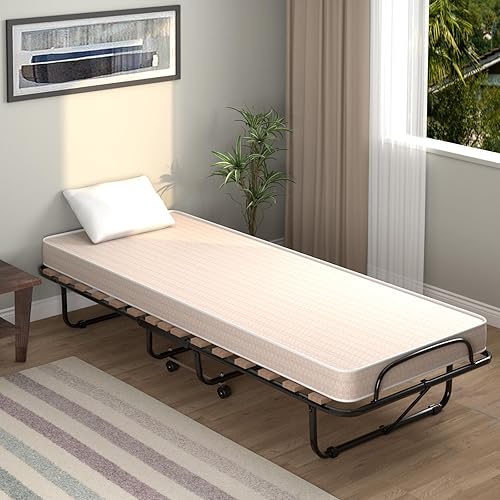 COSTWAY Lit Pliant 1 Personne Adulte 80 x 190 cm avec Matelas Orthopédique en Mémoire 6,5 cm, Charge 130 kg, Lit d’Appoint Pliable à 4 roulettes et Sommier à 15 Lattes de Bois pour invité, Beige - Nail Gallerys