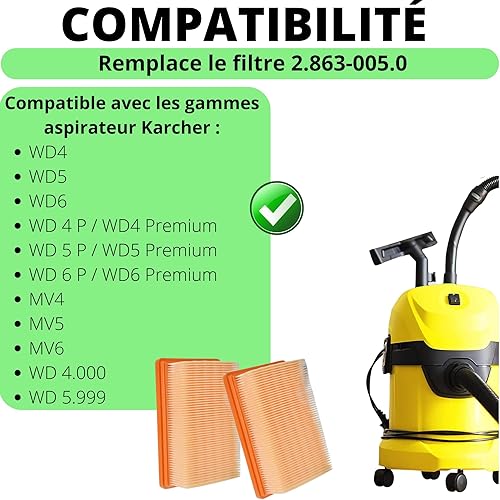 Filtre pour Karcher remplacement filtre poussière 2.863-005.0 aspirateur WD4 / WD5 / WD6 / MV4 / MV5 / MV6 [Lot 2] Phonillico® - Nail Gallerys