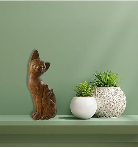 Coco Papaya Statue Chat et Chaton en Bois teinté sculpté à la Main 32cm - Nail Gallerys