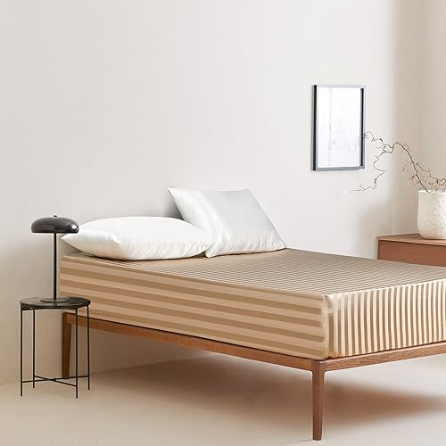 Damier Drap-housse en satin 160 x 200 cm - Beige - Brillant - Rayures satinées de qualité supérieure - Convient pour les matelas jusqu'à 30 cm - Nail Gallerys