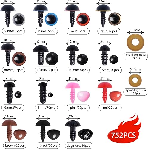 Lufdegim Lot de 752 boutons en plastique pour yeux et nez de 5 à 12 mm avec rondelles de différentes tailles pour poupée DIY - Nail Gallerys