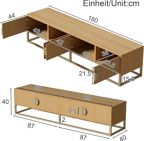 Merax Meuble TV bas 180 cm grain de bois avec 4 portes, poignées semi-circulaires, élégant meuble TV avec espace de rangement généreux, pieds en fer, 180 x 40 x 40 cm, couleur bois - Nail Gallerys