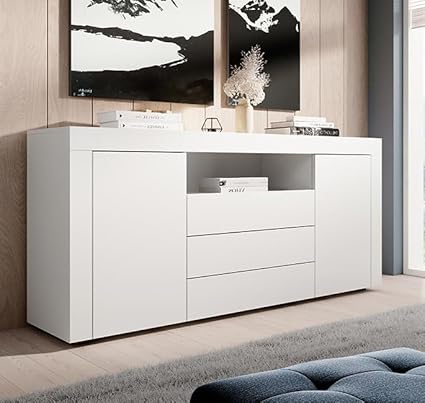 MB Muebles Bonitos, Buffet avec Deux Portes et Trois caissons Yanis pour Salon et Salle à Manger Moderne, Mélamine Mate, Couleur Blanc, 160x72x35 cm - Nail Gallerys