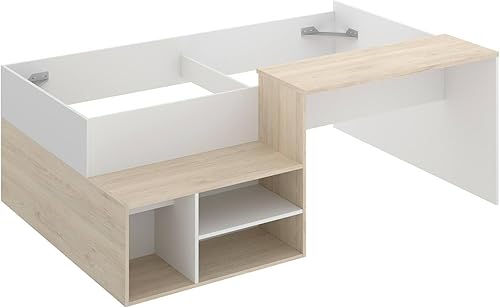 Dmora - Composition de la Chambre à Coucher Cervino, Lit Simple pour Chambre, Ensemble avec Bureau et étagères, 195x134h73 cm, Blanc et Chêne - Nail Gallerys