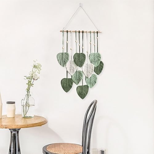 Tenture Murale Boho en Macramé, Tapisserie Déco Feuilles Vertes Grande Tissee Plumes Boheme Faite Main avec Perles Bois pour Salon,Chambre à Coucher,Décoration Mariage,Chambre Enfants,Appartement,Vert - Nail Gallerys