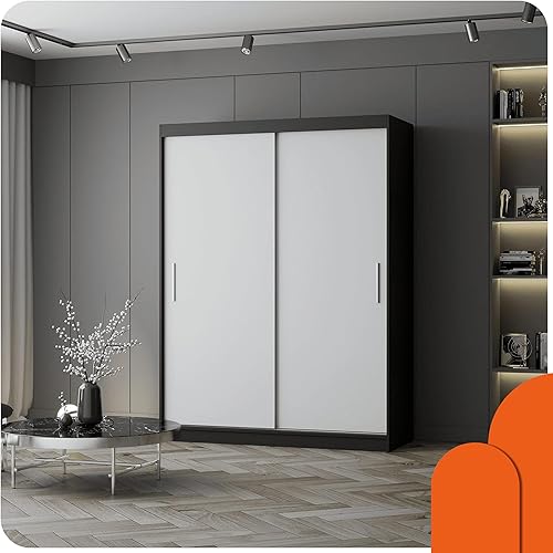 Fabryka Mebli Idźczak - Armoire à Portes Coulissantes Vista 04, Armoire 2 Portes 150 x 200 x 61 cm, Armoire de Chambre, Armoire de Rangement, Armoire Salon, Armoires Moderne - Noir/Blanc - Nail Gallerys