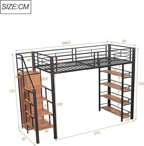 Sapgaks Lit Mezzanine Enfant Noir 140x200cm avec Escalier de Stockage, Armoire et 4 Étagères de Rangement, Haute Barrière, Fer, Lit Loft pour Enfants et Adolescents - Nail Gallerys
