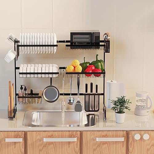 SUPFIRM Égouttoir à Vaisselle au-Dessus de l'évier, 3 Niveaux réglables en Acier Inoxydable (33''-40'') Grands égouttoirs à Vaisselle pour Le Stockage sur comptoir (Noir) - Nail Gallerys
