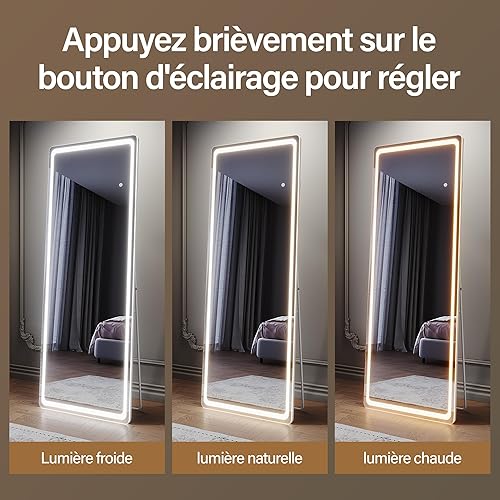 SIRHONA Miroir sur Pied LED 160x60cm, Miroir Pleine Longueur avec 3 Couleurs, Dimmable, Mémoire, Port USB, Montage Accrocher ou Placer, Antichute - Nail Gallerys