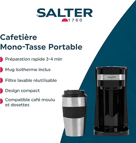 Salter Cafetière One Cup – Machine à filtre avec filtre lavable et réutilisable, mug de voyage en inox 420 ml inclus, prêt en 3–4 minutes, compatible café moulu et dosettes - Nail Gallerys