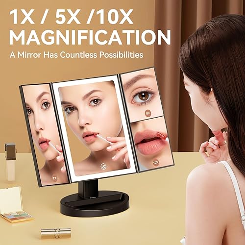 Auxmir Miroir Maquillage Grossissant Lumineux avec 68 LED, Miroir Grossissant 10x /5X /1x, Miroir Coméstique Rechargeable USB 1200mAh, Miroir Lumineux Triptyque, Écran Tactile, Rotatif à 180 °, Noir - Nail Gallerys