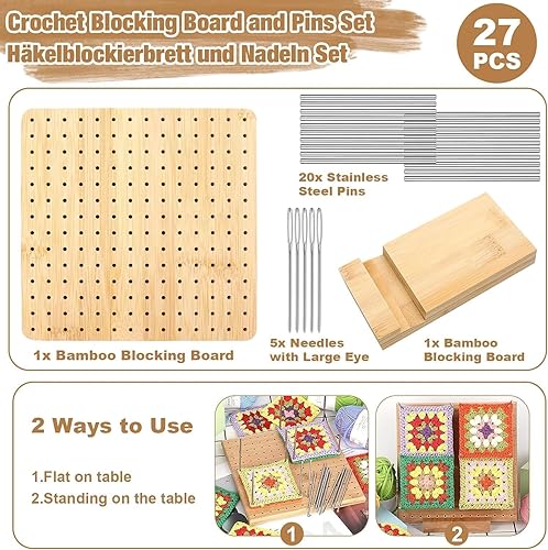Planche de Blocage pour Granny Square - 20 cm Handcrafted Wooden Blocking Board Crochet, Planches de Blocage en Bambou, Projets Crochet Planche de Blocage en Bois with 20 Épingles 5 Grandes Aiguilles - Nail Gallerys