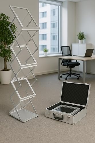 Aluanz Présentoir à brochures pliable 6 x A4 Porte-Brochures avec mallette de transport en aluminium, Présentoir Flyers A4 pour Affichage Magazines Journaux Foires Exposition - 38x26x145 cm - Nail Gallerys