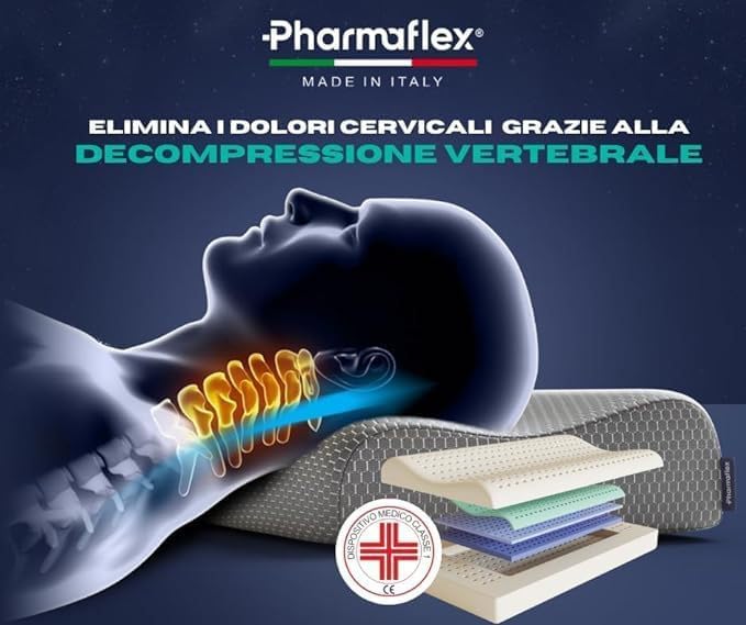Pharmaflex Cervical, Oreiller Cervical 71x42, Coussin Orthopédique Mousse à Mémoire, Technologie 5 Couches, Soulage Douleurs Cervicales, Décompression Vertébrale, Dispositif Médical Fabriqué en Italie - Nail Gallerys