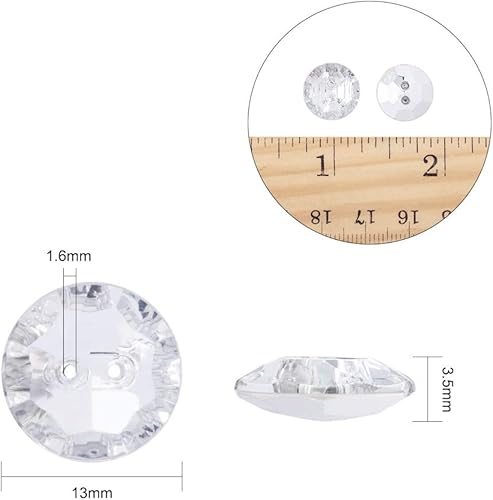 PH PandaHall Lot de 100 pcs Boutons Strass en Acrylique, 2-Trou, Facettes, Plat Rond, Cristal, 13x4.5mm, Trou: 1mm - Nail Gallerys