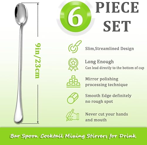 Lot de 6 cuillères à thé glacé à long manche en acier inoxydable de 22,9 cm - Touilleur, Cuillère Cuisine - Pour mélanger les cocktails, le café, la crème glacée, le bar, les cocktails - Argenté - Nail Gallerys