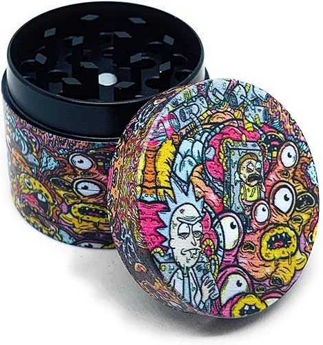 Grinder Rick et Morty 40mm en 4 parties moulin à épices poissons globuleux en zinc robuste broyeur d'herbes séchées avec sa petite spatule à pollen couvercle aimanté pour une fermeture parfaite - Nail Gallerys