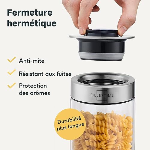 SILBERTHAL Bocaux en Verre Avec Couvercle en Inox - Hermétique - avec Étiquettes - Récipient Vrac Et Zéro Déchet - Pâtes, Cereales, Riz, Farine - Nail Gallerys