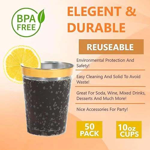 Pecewlos Lot De 50 Gobelets En Avec Bord Dorée, 280 ml, Réutilisables, élégants, Verres à vin, Pour Champagne, Bière, Cocktail, Martini, Soda, Dessert (9,5 x 7 cm) - Nail Gallerys