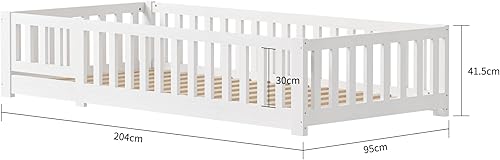 LONELYO Lit Enfant 90x190 cm - Lit au Sol Enfant en Bois Naturel avec Barrière et Sommier - Charge jusqu'à 230 kg - Lits Montessori pour Garçons et Filles - Nail Gallerys