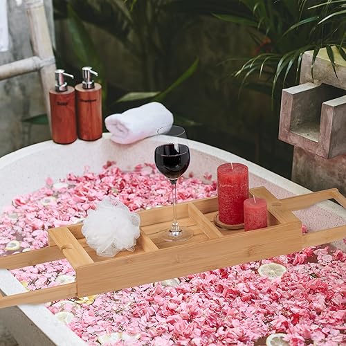 Relaxdays Plateau de Baignoire Extensible (Entre 67,5 & 101 cm), Bambou, Pieds, 3 Compartiments, 2 Porte-rasoirs, Nature - Nail Gallerys