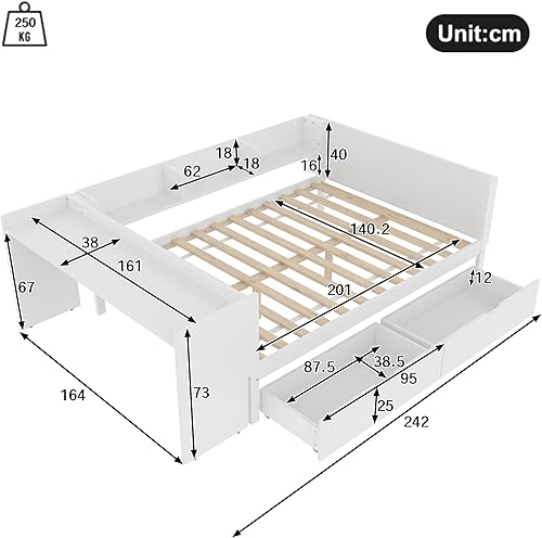 Darywell Lit plat en bois, 140 x 200 cm, avec bureau, équipé de 2 tiroirs, lit double (sans matelas), avec étagères, pin et panneau de particules (blanc) - Nail Gallerys