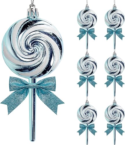 Lot de 6 décorations de Noël en forme de bonbons à suspendre avec nœuds à paillettes pour sapin de Noël, couronnes et décorations de vacances (bleu glacier) - Nail Gallerys