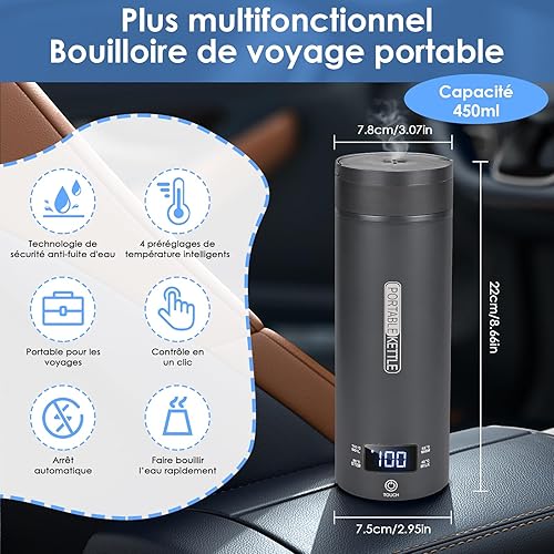 Dreamhigh® Mini bouilloire de voyage, 450 ml, 96 W, petite bouilloire en acier inoxydable, bouilloire de voiture, chauffage en déplacement, arrêt automatique pour thé, café, lait bébé (noir) - Nail Gallerys