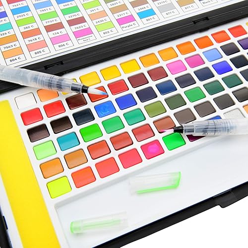 Palette de Peinture Aquarelle de 72 Couleurs avec 2 Pinceaux à Réservoir d'Eau - Inclus Peinture de Couleur Or Argent Pastel et Couleurs de peau - Nail Gallerys