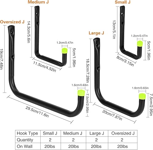 Queta Crochets pour Garage, Crochets utilitaires résistants de stockage de garage avec le bras jumbo , pour outils électriques, vélos, échelles, Paquet (4 tailles ,paquet de 8) - Nail Gallerys