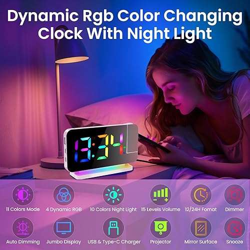 LYtech 7' Reveil Projecteur Radio Réveil avec d'éclairage Nocturne RGB Affichage LED Horloge Digitale Numérique Port de USB Niveaux de Luminosité Réglables Alarme Snooze 12/24H pour Chambre (Blanc) - Nail Gallerys