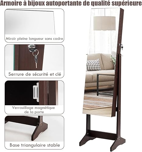 COSTWAY Armoire à Bijoux avec Grand Miroir Psyché Organisateur à Bijoux, Verrouillable, Idée Cadeaux Réglable sur 3 Positions Marron/Blanc (Marron) - Nail Gallerys