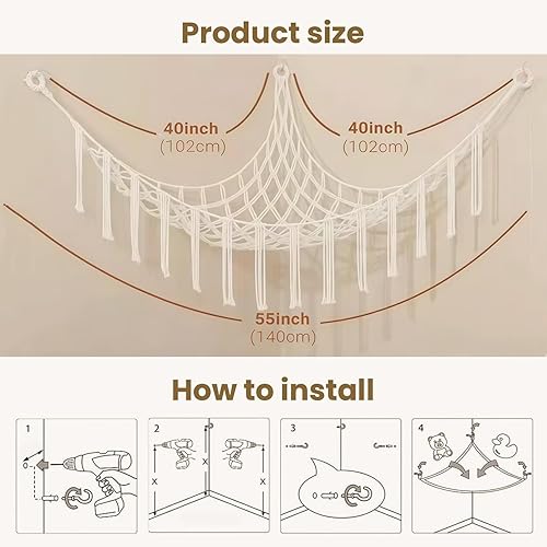 Filet de rangement pour jouets - 100 x 100 x 155 cm - Hamac de rangement pour animaux en peluche - Style bohème - Pour chambre d'enfant, salon, chambre à coucher, salle de jeux, chambre d'enfant - Nail Gallerys