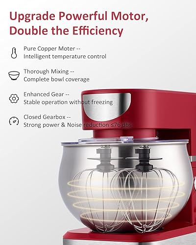 Robot Pâtissier Multifonctions, Pétrin 6L 1000W Puissant, Robot de Cuisine avec Crochet Pétrisseur, Batteur, Fouet à Fil, Couvercle (Rouge) - Nail Gallerys