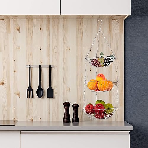 Relaxdays Panier suspendu 3 étages,corbeilles accrochées fruits, au plafond, peu de place dans la cuisine, acier,argent - Nail Gallerys