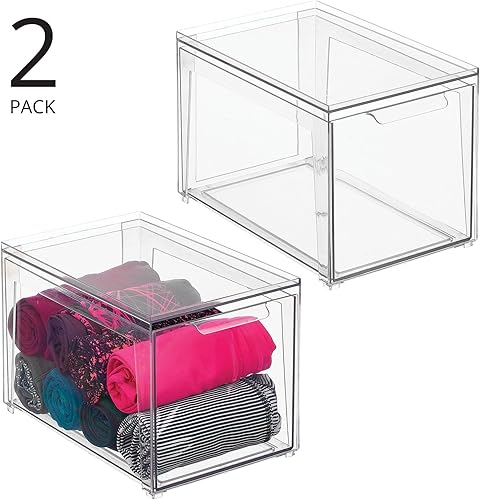 mDesign boite de rangement avec tiroir – rangement tiroir en plastique, idéal pour ranger les chaussures – boite empilable pour accessoires, chaussures, etc. – lot de 2 – transparent - Nail Gallerys