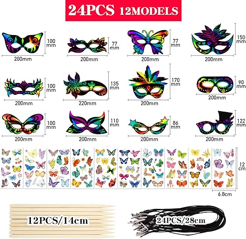 24PCS Masques Gratter Carnaval Scratch Art et 10PCS Autocollant Temporaire Artisanat Bricolage Décoration de Carnaval Masques Cadeau Jeu Fête Party - Nail Gallerys