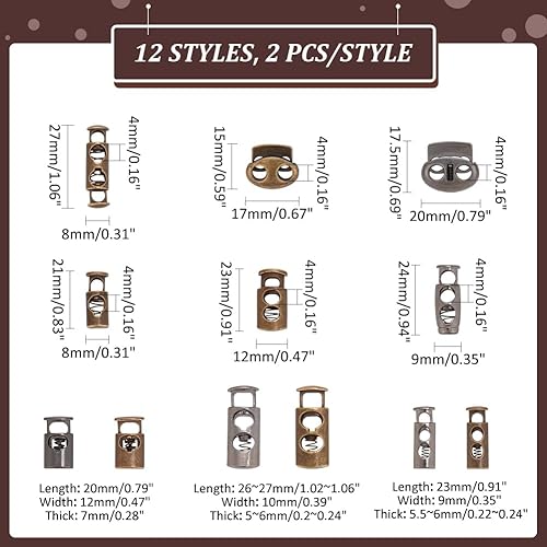 PH PandaHall 9 Styles 24pcs Serrure de Corde en Alliage Arrêts de Cordon à Ressort Bronze Antique Gris pour Vêtement Sac à Dos Bagages - Nail Gallerys