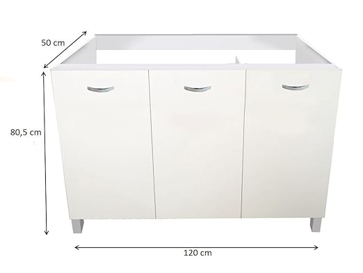 MABEL Meuble de Cuisine Blanc 3 Portes - Organisateur Sous-Sol en Bois Mélaminé - Finition Anti-Rayures, Facile à Monter - L 120 cm x P 50 cm x H 80,5 cm - Nail Gallerys