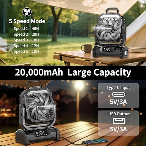 OUTACT Ventilateur de Camping 20000mAh USB Rechargeable avec Lumière LED, Ventilateur Portable à 5 Vitesses avec Télécommande, Crochet et Minuterie pour Chambre, Bureau, Tente, Plage, Vacances - Noir - Nail Gallerys