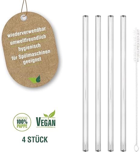 Ökolution Lot de 4 pailles en verre, longueur 23 cm, réutilisables et respectueuses de l'environnement, avec brosse de nettoyage pratique, Ø env. 8 mm, emballage en carton durable FSC 466 - Nail Gallerys