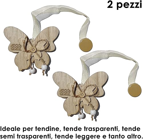 GIRASOLE HOME Lot de 2 embrasses magnétiques en bois en forme de papillon style shabby chic avec cordon en organza pour rideaux légers et rideaux (papillon, naturel) - Nail Gallerys