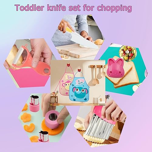 Aolkee 19 pièces Ensemble de Couteaux à découper pour Enfants, Montessori 3 Ans, Ensemble de Cuisine pour Enfants avec Forme de Couteau à Fruits, Planche à découper, Tablier - Nail Gallerys
