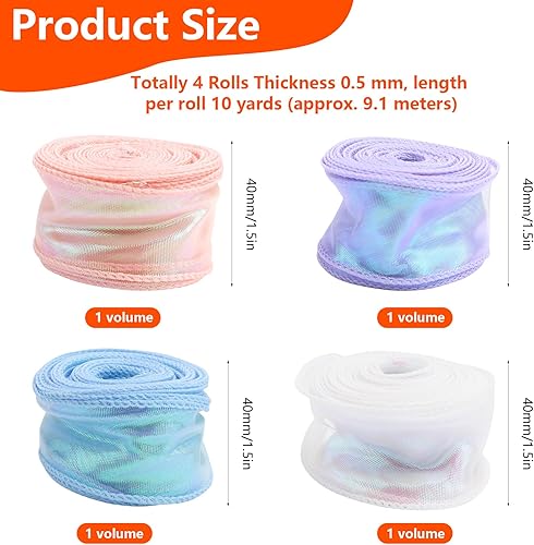 WPPQWP Lot de 4 rouleaux de ruban en organza irisé de 40 mm de large pour ruban cadeau, Noël, mariage, bouquet, bricolage, invitations de mariage - Nail Gallerys