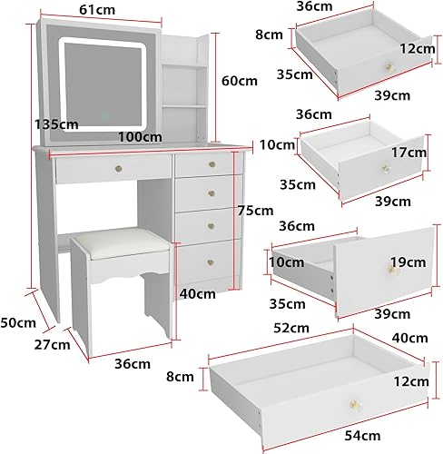 PREMTURE Coiffeuse avec éclairage LED, miroir coulissant et tabouret, 5 tiroirs, plateau en verre et 4 étagères, blanche, 50 x 100 x 136 cm, MDF - Nail Gallerys