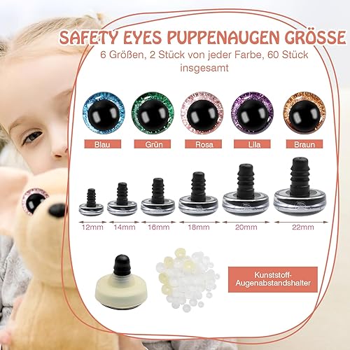 ZOCONE Lot de 60 yeux au crochet de 12 à 22 mm - Paillettes - Grands yeux de sécurité pour animaux au crochet - Multicolore - Yeux de bricolage pour animaux au crochet - Yeux en bouton - À coudre - Nail Gallerys