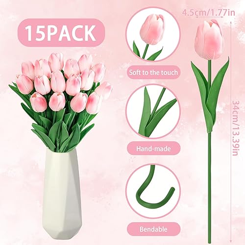 FAINCA15 Pièces Tulipe Artificielle, Longueur 34 cm Touche Réaliste Tulipe Bouquet De Fleurs, Tulipes Artificielles, pour Bouquet De Mariage, Saint-Valentin (Rose DéGradé) - Nail Gallerys