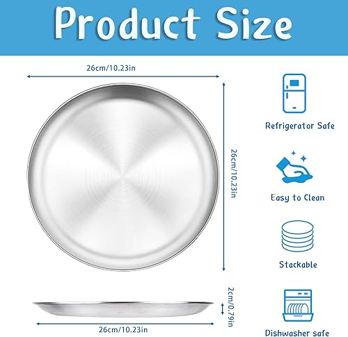 Lot de 4 assiettes rondes en acier inoxydable 304 de 26 cm - Assiettes plates incassables en métal - Passe au lave-vaisselle - Assiettes rondes en métal sans BPA - Pour camping, pique-nique, cuisine, - Nail Gallerys