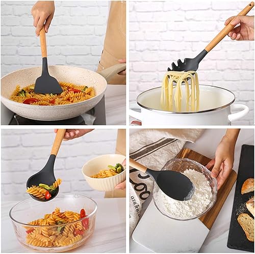 TOPSEAS Ustensiles de Cuisine en Bois Ustensiles Cuisine Antiadhésive Set,Silicone de qualité Alimentaire,14 pièces - Nail Gallerys